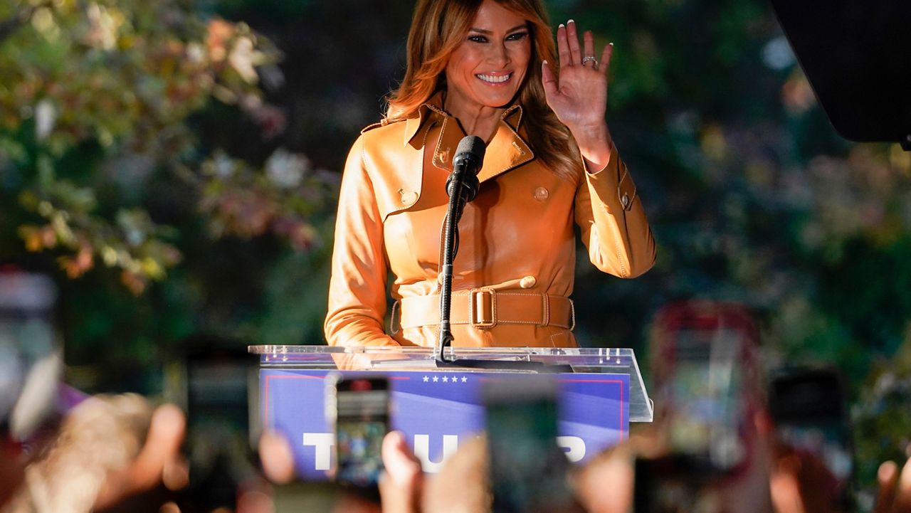 First lady Melania Trump arrives to speak at a campaign rally at Magnolia Woods on Monday, Nov. 2, 2020, in Huntersville, N.C. (AP Photo/Chris Carlson)